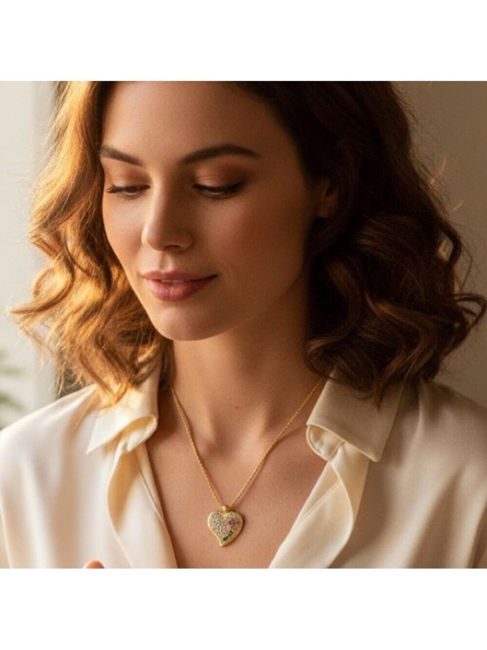 Gold Necklace with Heart Pendant embellished with Rhinestones